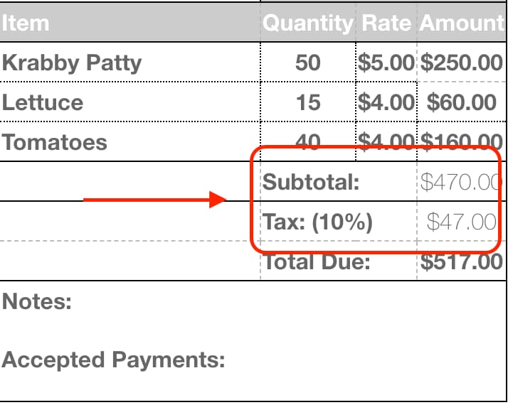 creating a subtotal for an invoice 